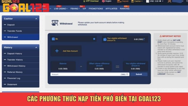 Các phương thức nạp tiền phổ biến tại Goal123