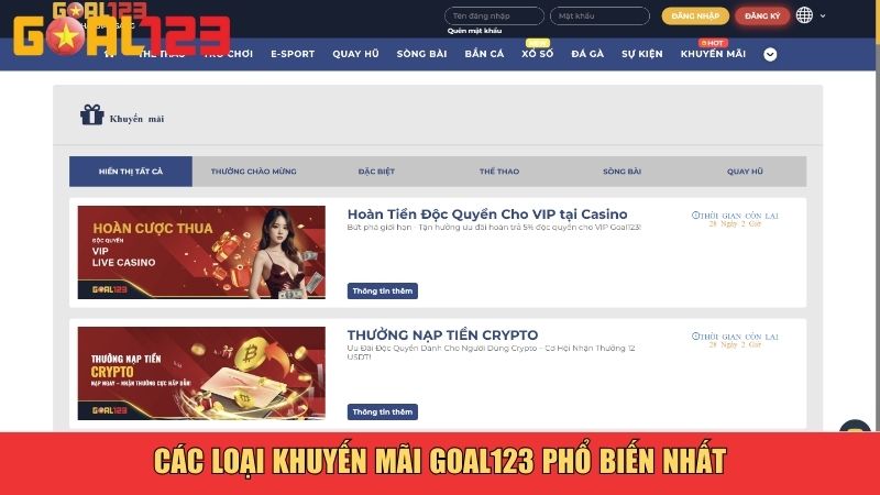 Các loại khuyến mãi Goal123 phổ biến nhất